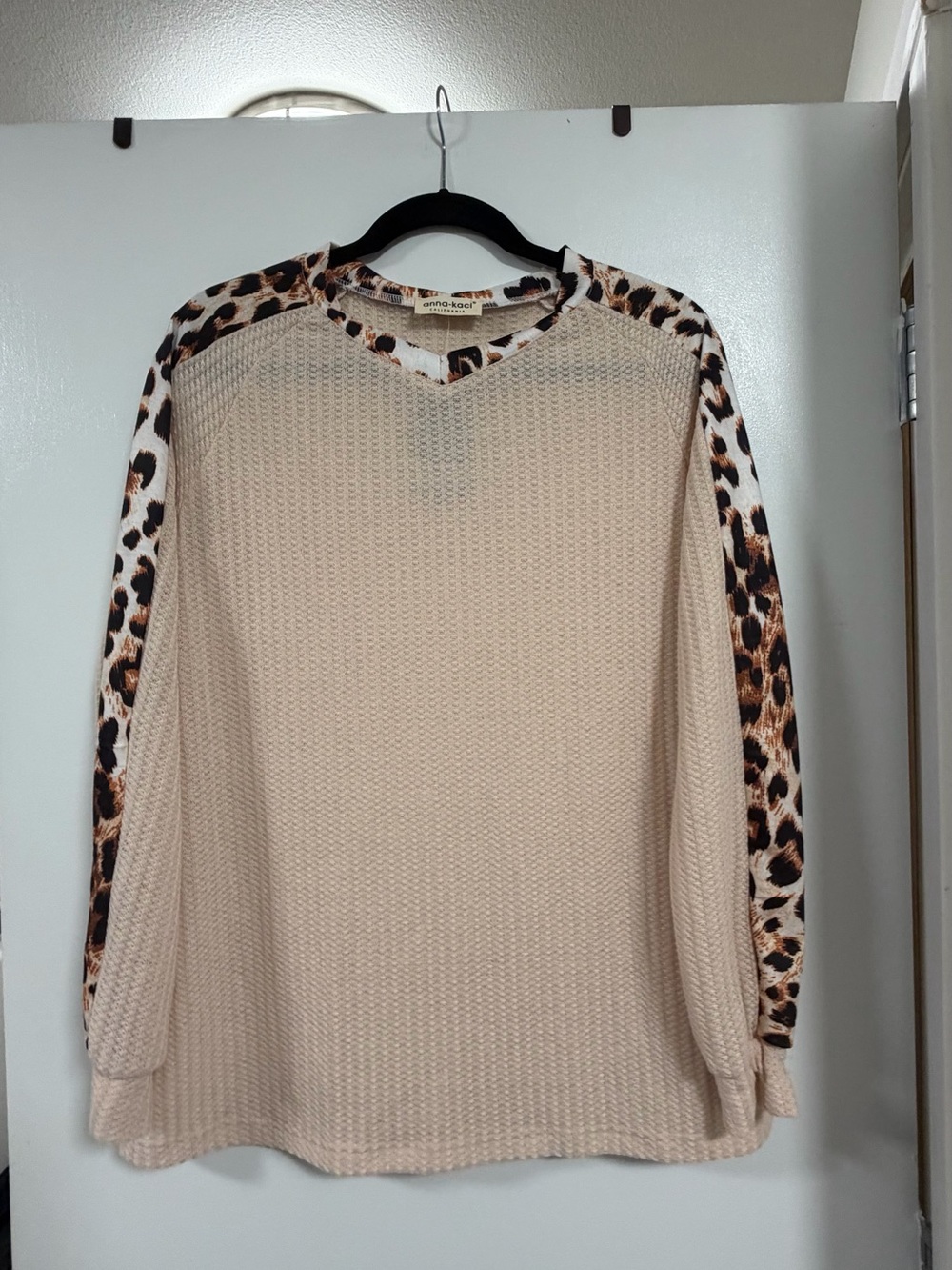 Leopard-Trim Beige Waffle Knit Top